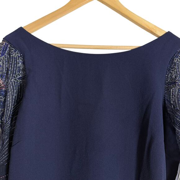 Badgley Mischka Navy Blue Beaded Long Sleeve Bateau Neck Train Gown Size 12 - Picture 7 of 16